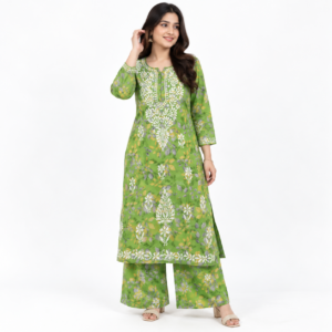 Green Floral Chikankari Kurta Palazzo Set for Women | Embroidered Ethnic Wear